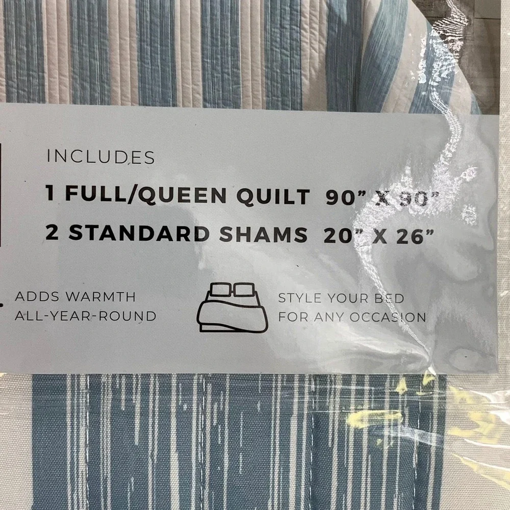 Truly Soft Aiden Full Queen Size Quilt Set Blue Stripe‎ 2 Standard Shams Bedding